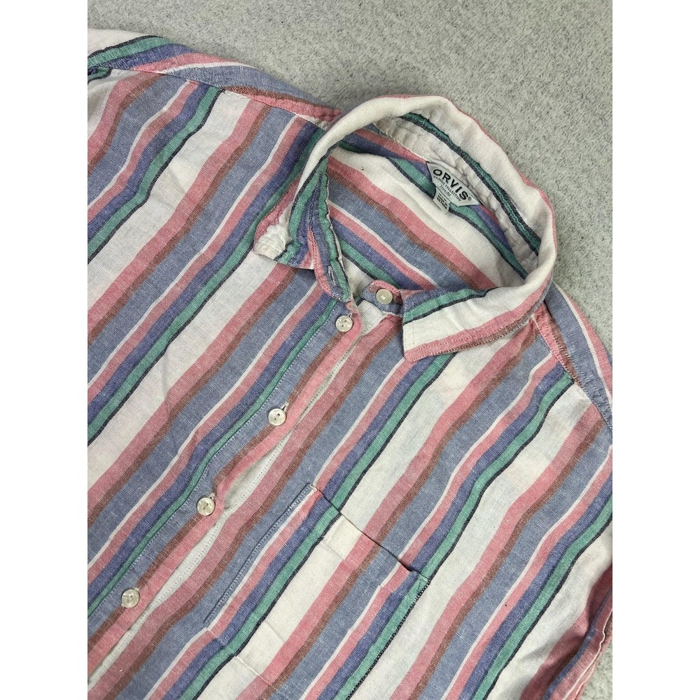 Orvis Womens Multicolor Stripe Linen Rayon Short Sleeve Button Up Shirt Medium